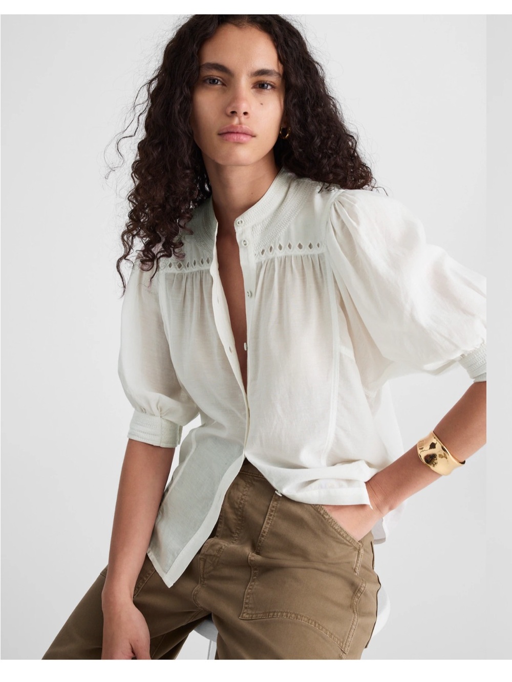 Women's White Puff-Sleeve Band Collar Button-Front Blouse